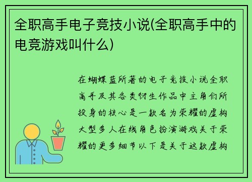 全职高手电子竞技小说(全职高手中的电竞游戏叫什么)